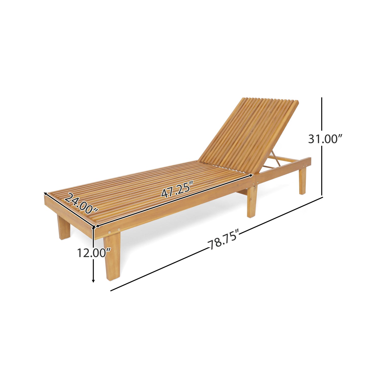 The Nadine - Stylish Chaise Lounge Chair in teak features a slatted wooden design, adjustable backrest, and measures 78.75"L x 24"W with a 31" backrest height, 12" seat height, and 47.25" seat length.