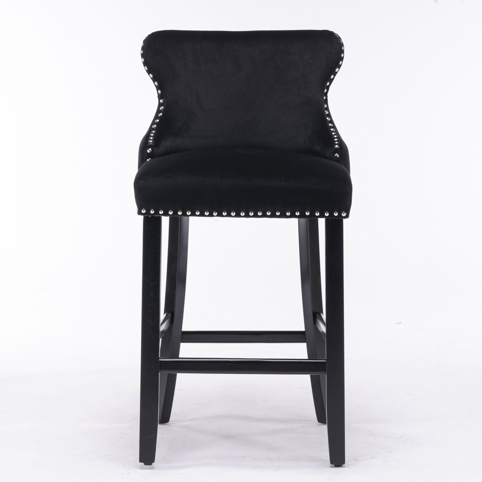Set of 2 Contemporary Velvet Upholstered Wing-Back Barstools with button-tufted decoration, chrome nailhead trim, wooden legs with footrests, and leisure style design, shown on a plain white background.