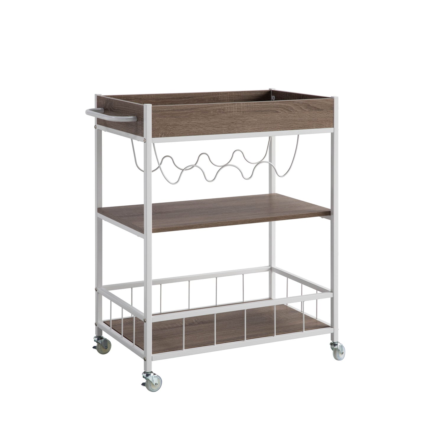 The Rolling Kitchen Cart With Storage And Four Wine Bottle Rack has a white metal frame, wood-finish shelves, side handle, middle wine rack for four bottles, and four caster wheels for easy mobility.