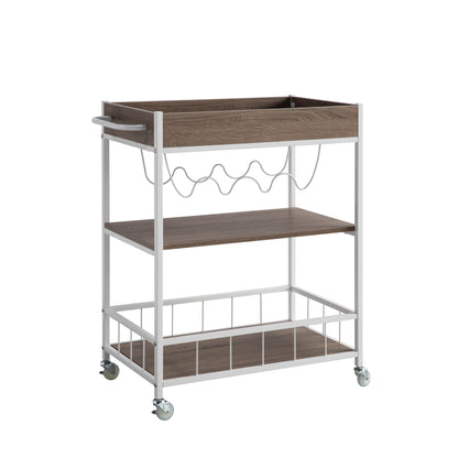 The Rolling Kitchen Cart With Storage And Four Wine Bottle Rack has a white metal frame, wood-finish shelves, side handle, middle wine rack for four bottles, and four caster wheels for easy mobility.