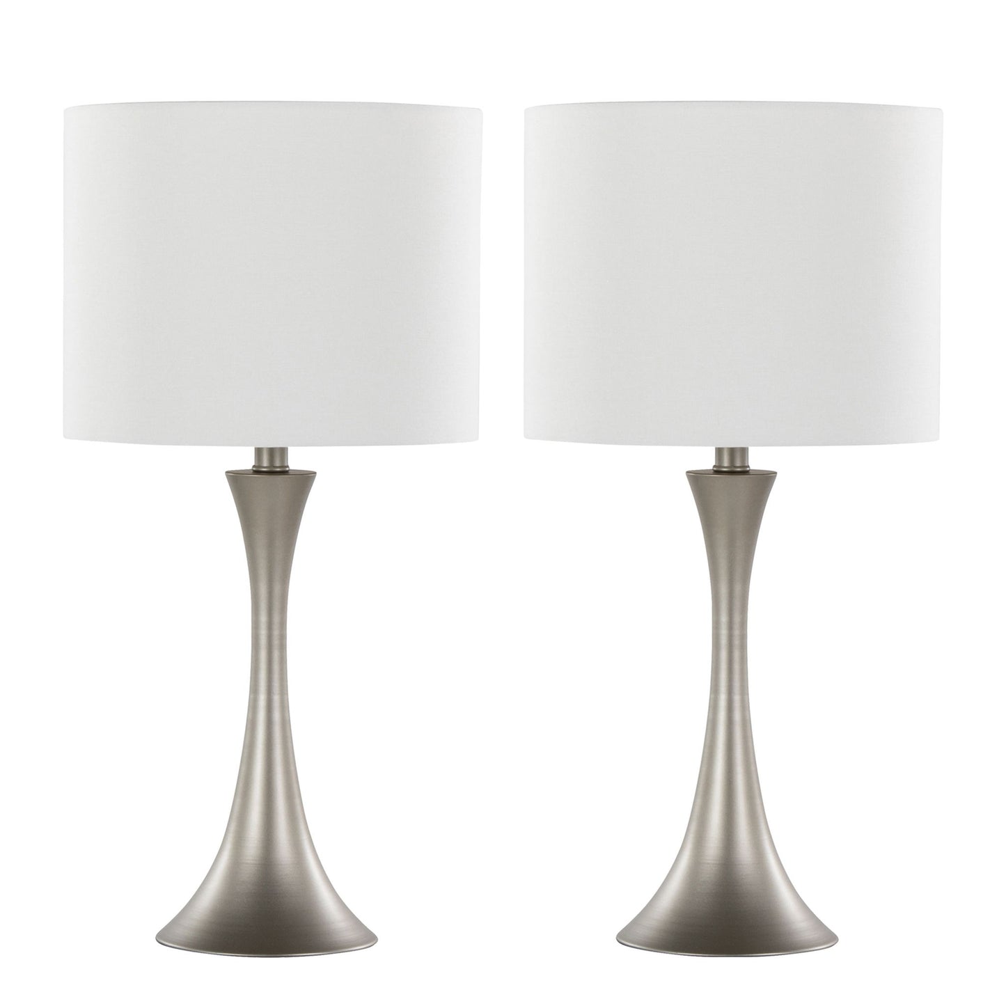 The Lenuxe - Contemporary & Modern Design Table Lamp (Set of 2) features brushed metal bases and large white cylindrical fabric shades, shown side by side against a plain white background.