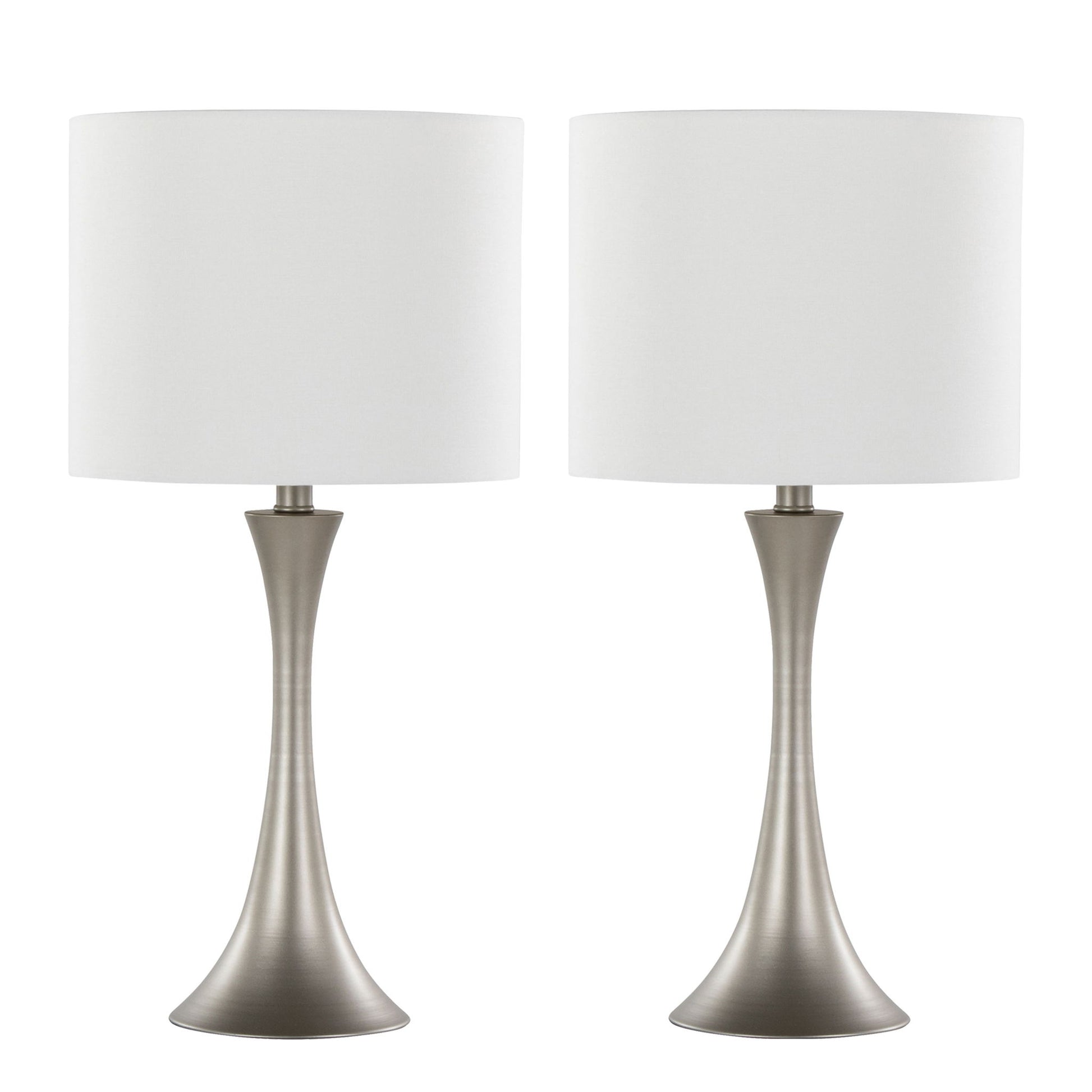 The Lenuxe - Contemporary & Modern Design Table Lamp (Set of 2) features brushed metal bases and large white cylindrical fabric shades, shown side by side against a plain white background.