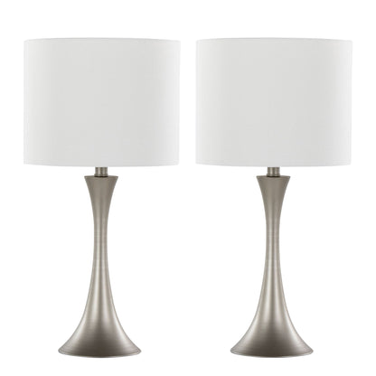 The Lenuxe - Contemporary & Modern Design Table Lamp (Set of 2) features brushed metal bases and large white cylindrical fabric shades, shown side by side against a plain white background.