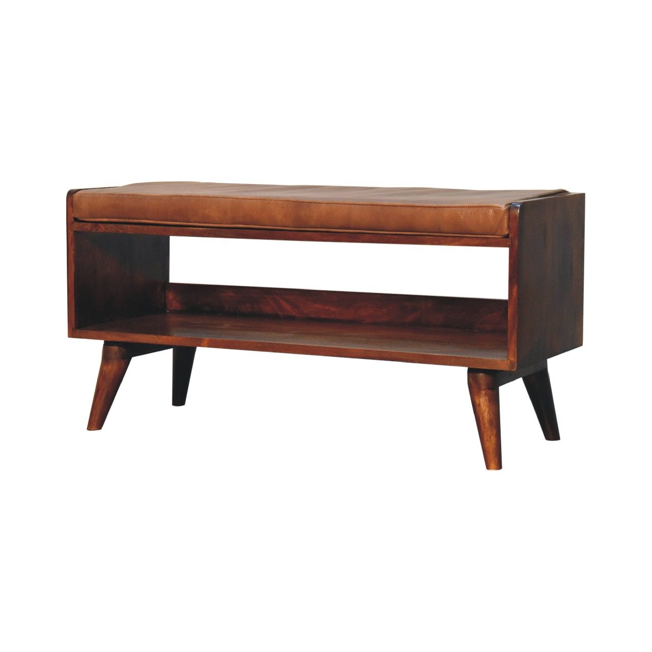 The Solid Wood Bench With Upholstered Seat features a minimalist mid-century modern design with angled legs, an open lower shelf, a tan cushioned seat, and a rich wood finish.