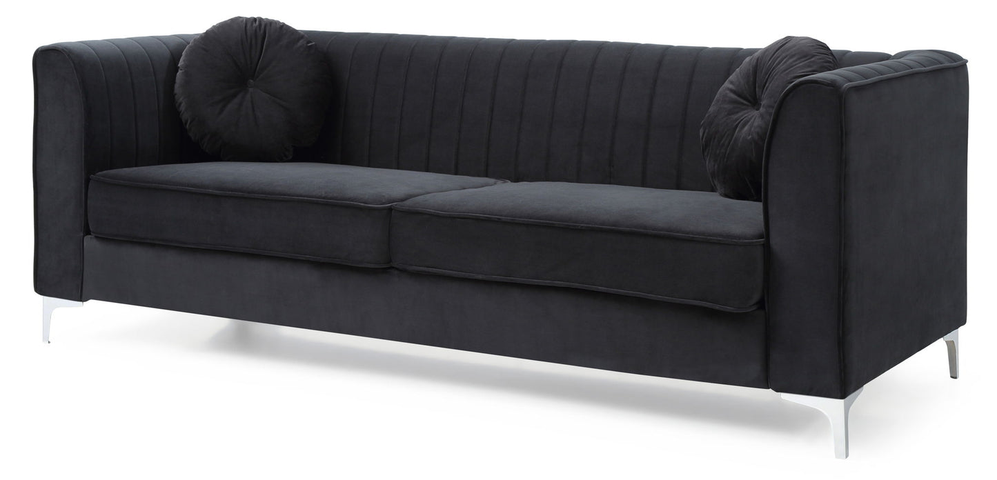 The Delray Micro Suede Sofa features a modern black finish, high arms, subtle vertical stitching, two seat cushions, and two round black throw pillows on sleek silver legs, shown against a white background.
