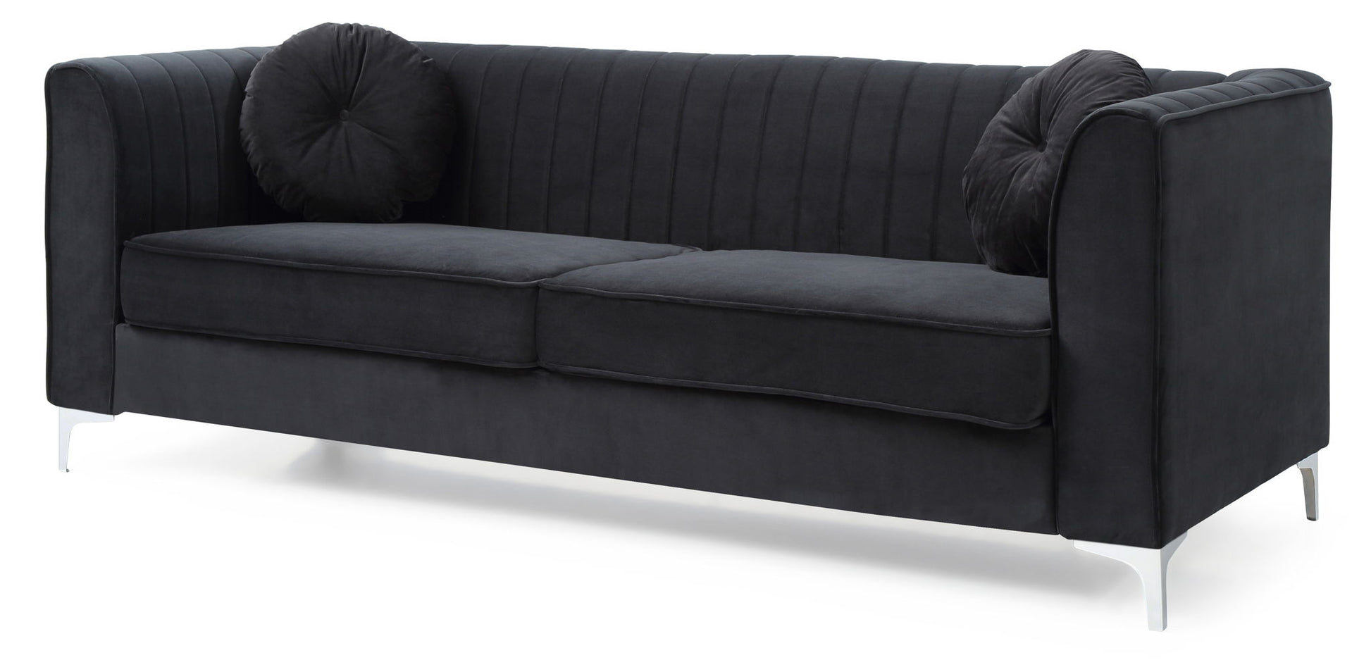 The Delray Micro Suede Sofa features a modern black finish, high arms, subtle vertical stitching, two seat cushions, and two round black throw pillows on sleek silver legs, shown against a white background.