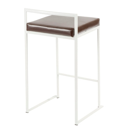 The Fuji - Simple Elegance Contemporary Stackable Counter Stool features a white metal frame, square dark brown cushioned seat, minimalist backrest, and open sides for a sleek modern look.
