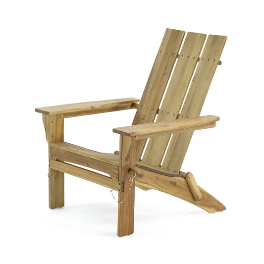 The Outdoor Foldable Adirondack Chair With Slat Back - Natural features a sturdy slatted back, wide armrests, and a natural wood finish. Its foldable design combines comfort and simplicity for outdoor use.