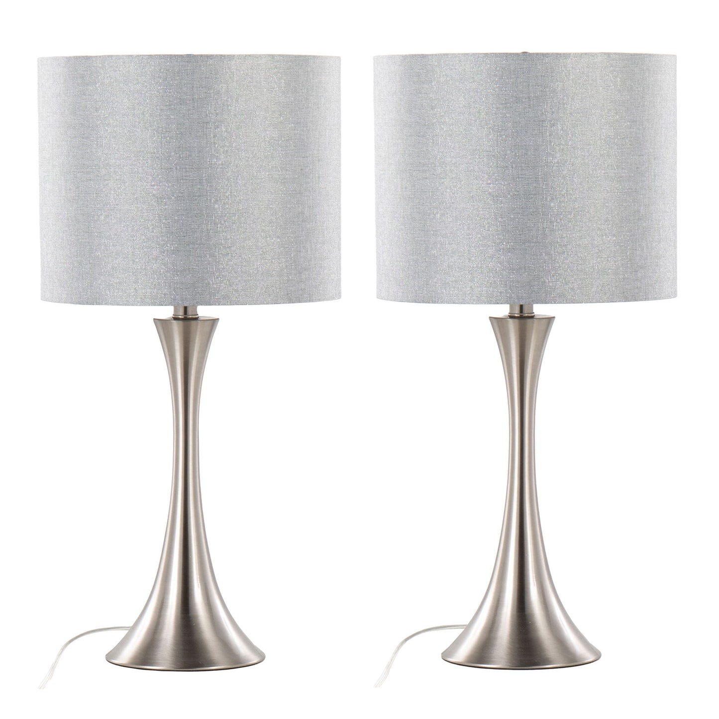The Lenuxe Contemporary Semi Gloss Table Lamp set features two modern lamps with brushed nickel bases and cylindrical light gray fabric shades, displayed side by side on a white background.