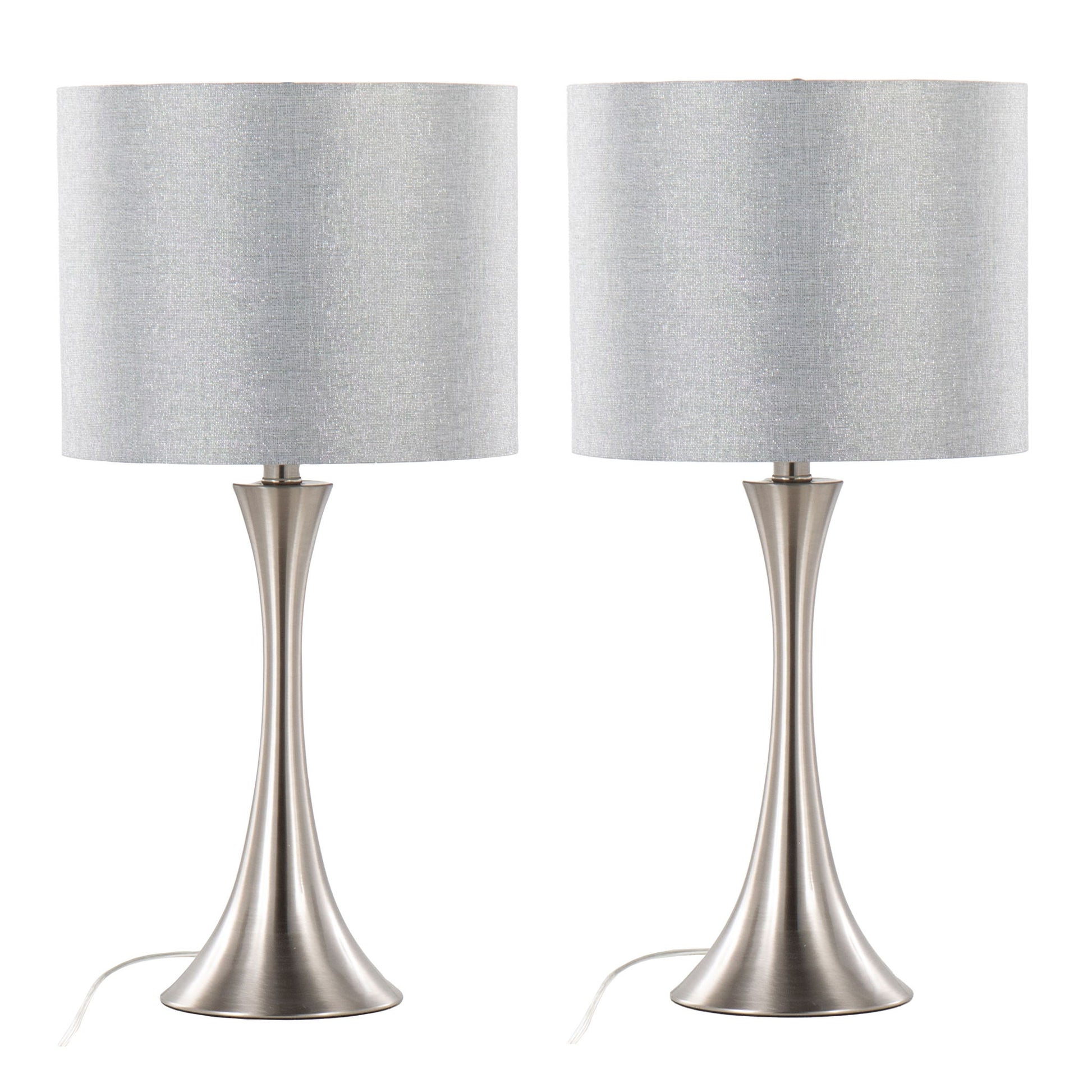 The Lenuxe Contemporary Semi Gloss Table Lamp set features two modern lamps with brushed nickel bases and cylindrical light gray fabric shades, displayed side by side on a white background.