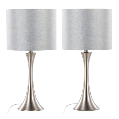 The Lenuxe Contemporary Semi Gloss Table Lamp set features two modern lamps with brushed nickel bases and cylindrical light gray fabric shades, displayed side by side on a white background.