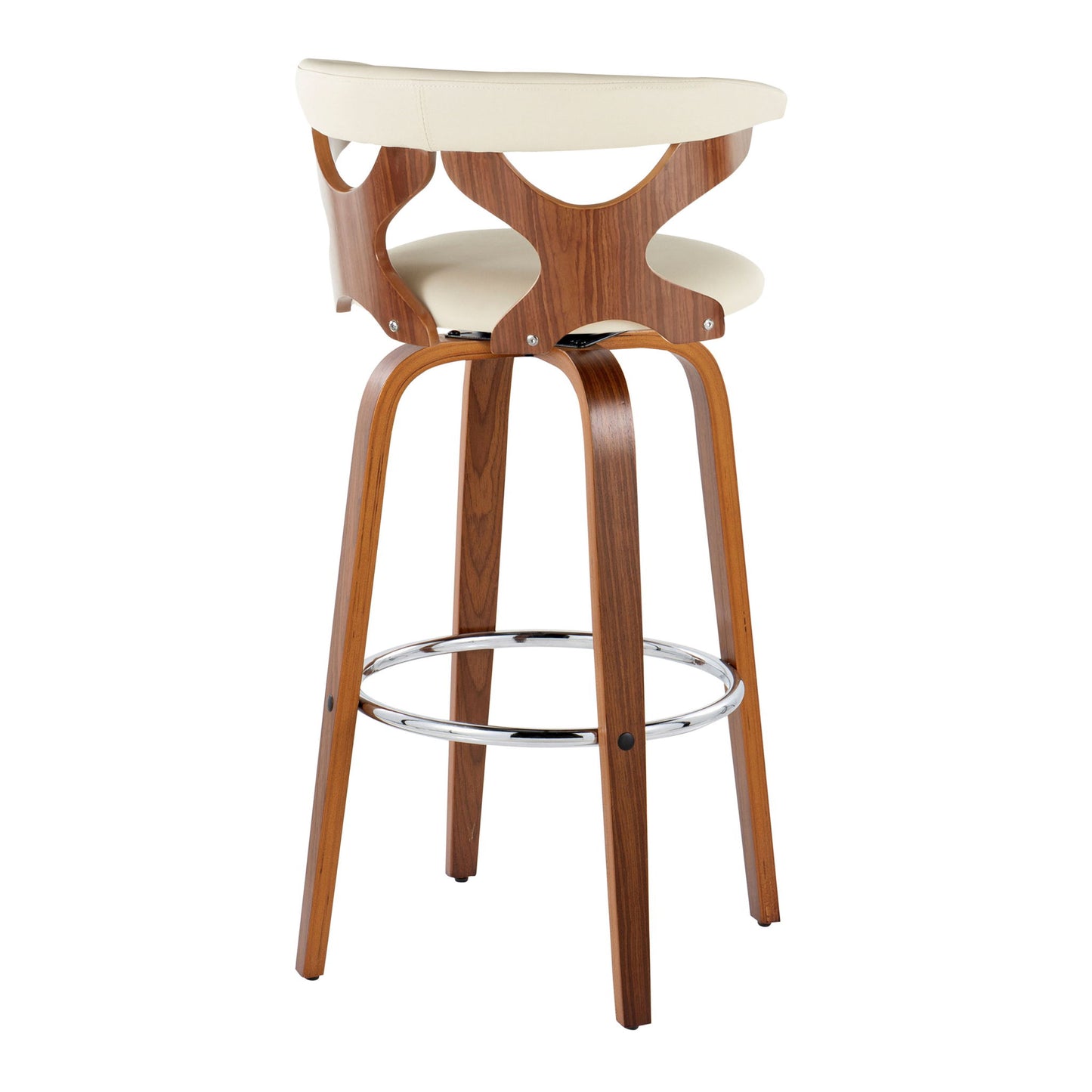 The Gardenia Mid Century Modern Barstool Set of 2 features a light cushioned seat and backrest with open circular cutouts, a medium brown curved wood frame, swivel function, and a chrome round footrest.