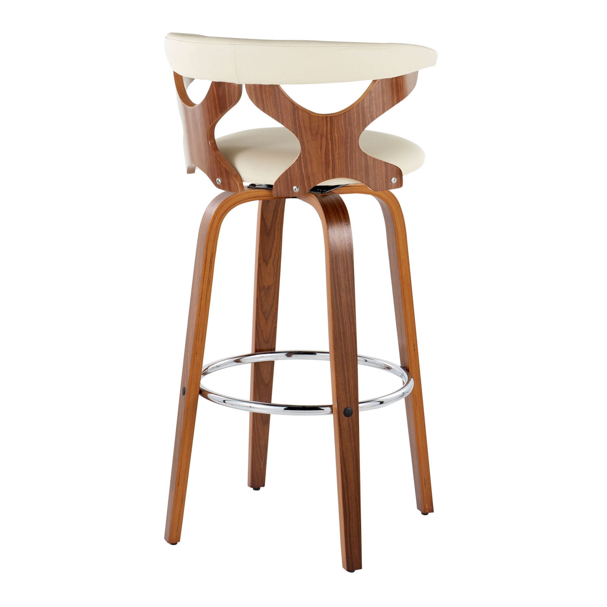 The Gardenia Mid Century Modern Barstool Set of 2 features a light cushioned seat and backrest with open circular cutouts, a medium brown curved wood frame, swivel function, and a chrome round footrest.