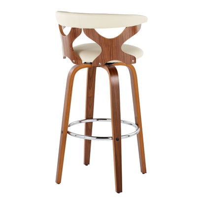 The Gardenia Mid Century Modern Barstool Set of 2 features a light cushioned seat and backrest with open circular cutouts, a medium brown curved wood frame, swivel function, and a chrome round footrest.