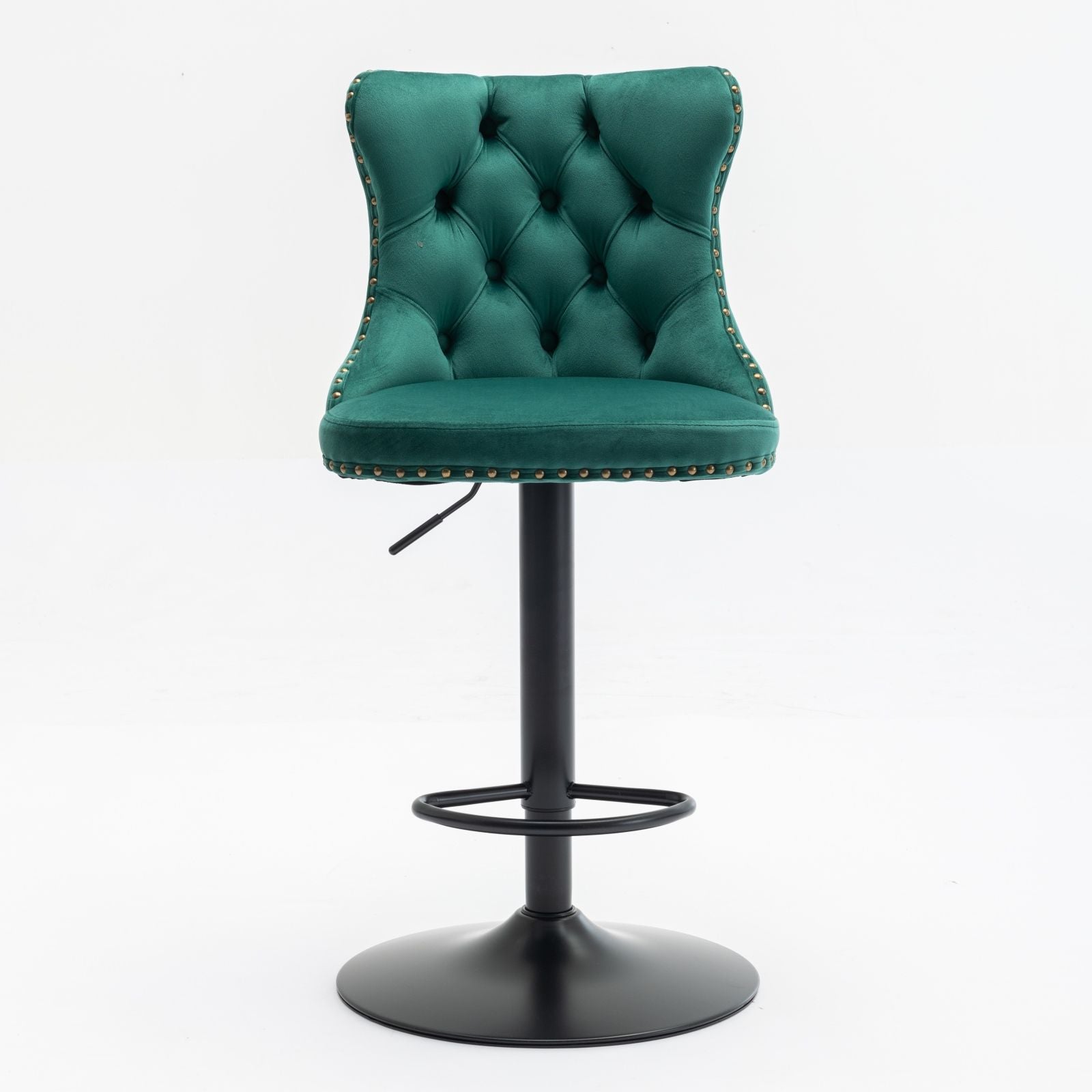 A set of 2 green Swivel Velvet Barstools with tufted curved backs, nailhead trim, and black metal pedestal bases with footrests, shown on a plain white background. Adjustable seat height and modern design for home pub or kitchen island.