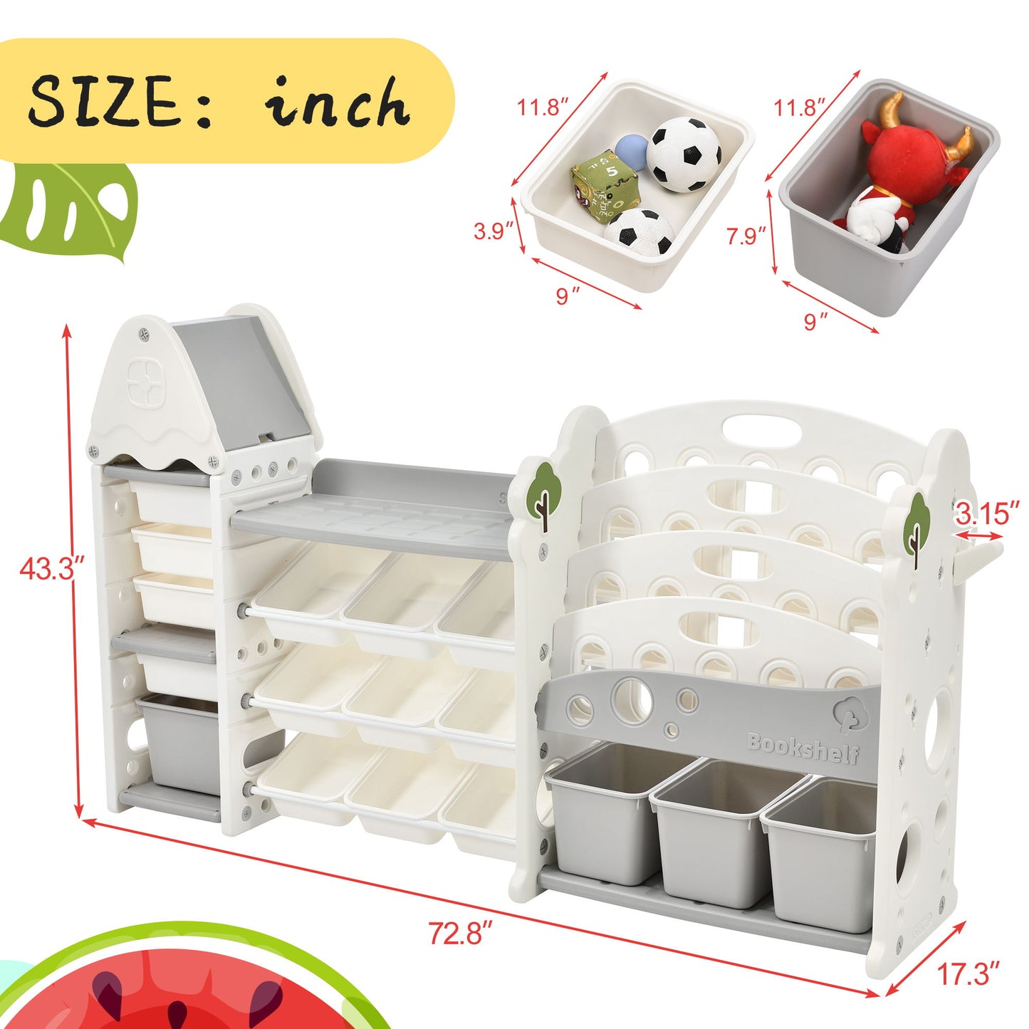 The Kids Bookshelf Toy Storage Organizer features 17 bins, 5 bookshelves, a small desk, white/gray HDPE shelves, and playful green leaf accents. Measures 72.8"W x 43.3"H; bin sizes: 8.9"x8.9" and 11.8"x8.9". Perfect for nurseries!.