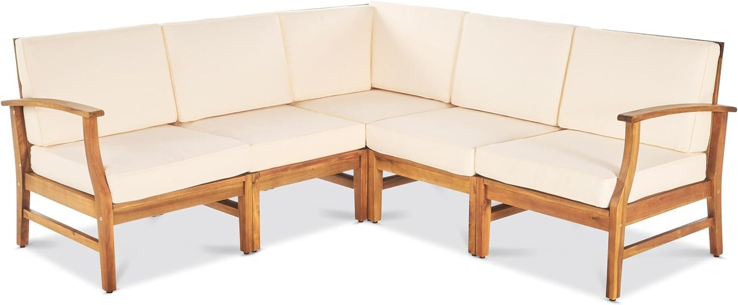 The Perla - 5 Pieces Sofa Set is a wooden L-shaped sectional with beige cushions and armrests on both ends, displayed on a white background.
