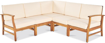 The Perla - 5 Pieces Sofa Set is a wooden L-shaped sectional with beige cushions and armrests on both ends, displayed on a white background.