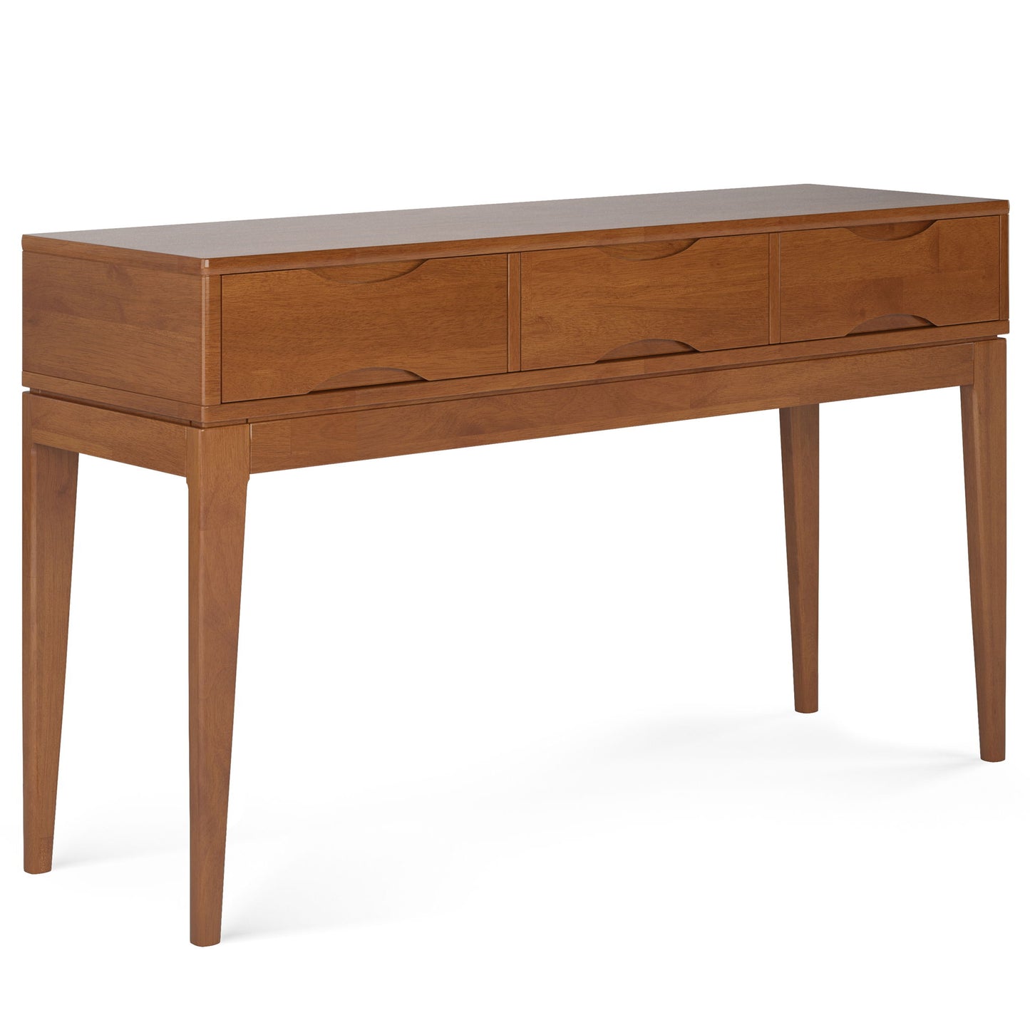 The Harper Handcrafted Console Sofa Table features a mid-century modern design with three drawers, clean lines, tapered legs, and a warm brown finish.