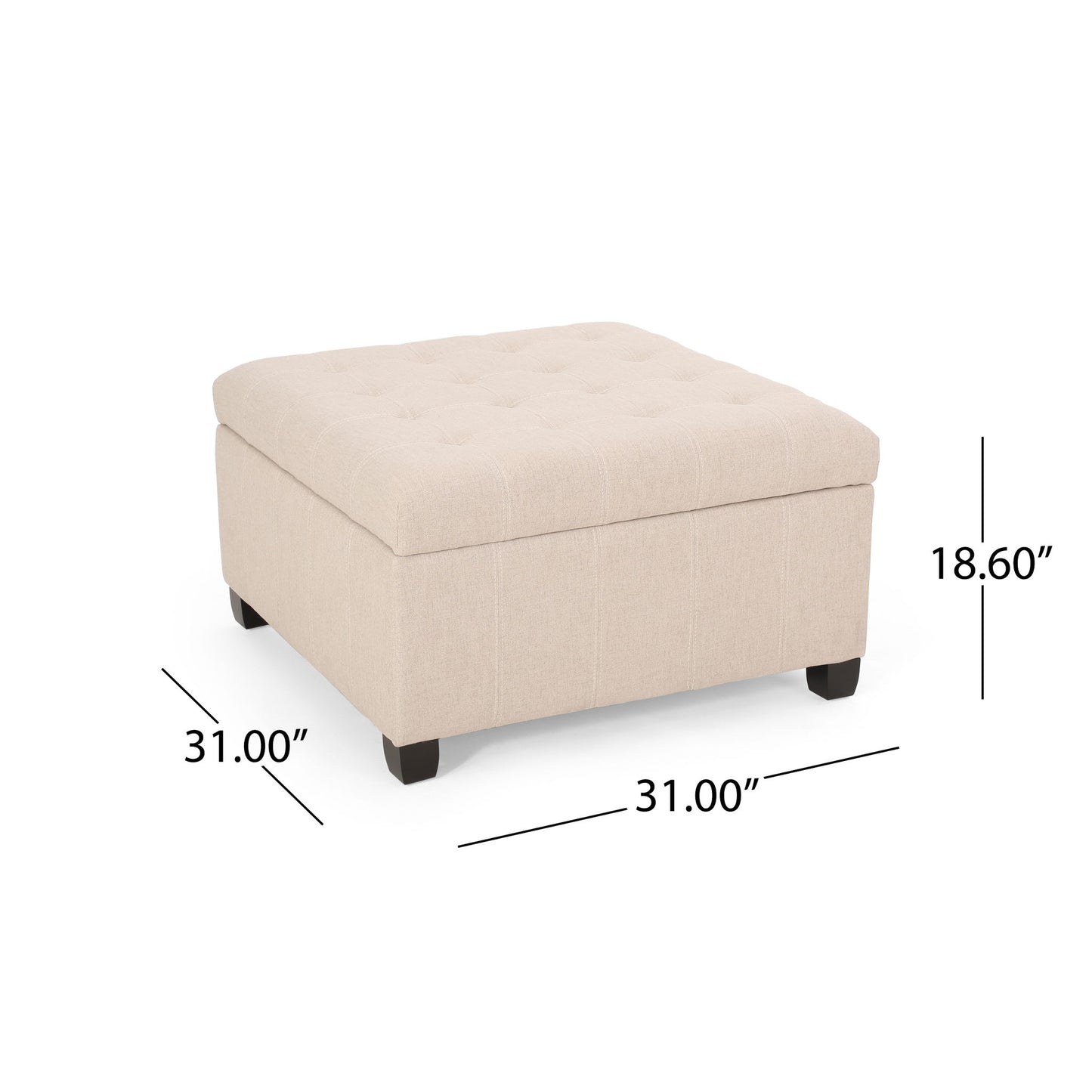 The Isabella Contemporary Ottoman With Storage features a beige, square tufted top, measures 31"W x 31"D x 18.6"H, and stands on short dark wooden legs.