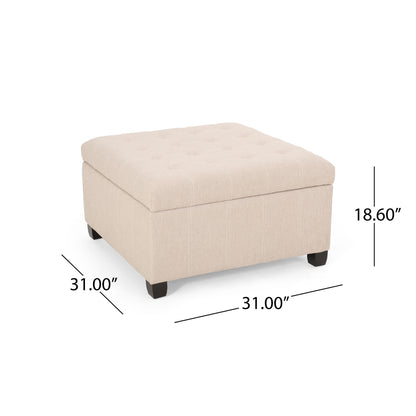 The Isabella Contemporary Ottoman With Storage features a beige, square tufted top, measures 31"W x 31"D x 18.6"H, and stands on short dark wooden legs.
