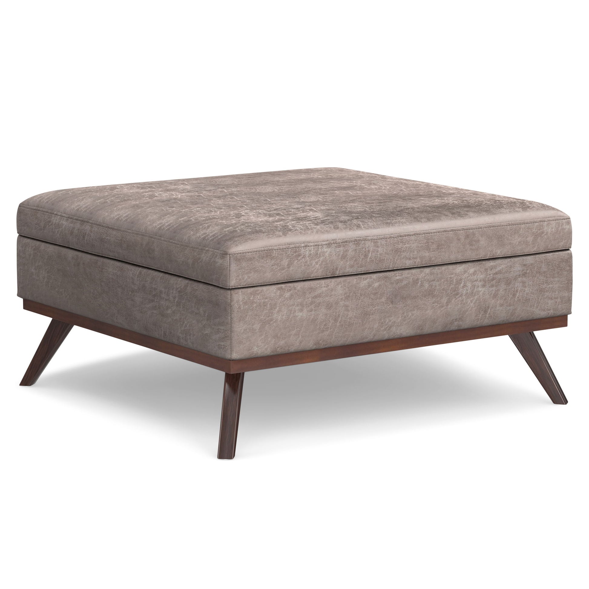 The Owen Multifunctional Square Coffee Table Storage Ottoman features a cushioned, light brown upholstered top with slightly textured fabric and angled wooden legs, combining modern minimalist style with a sturdy wooden base.
