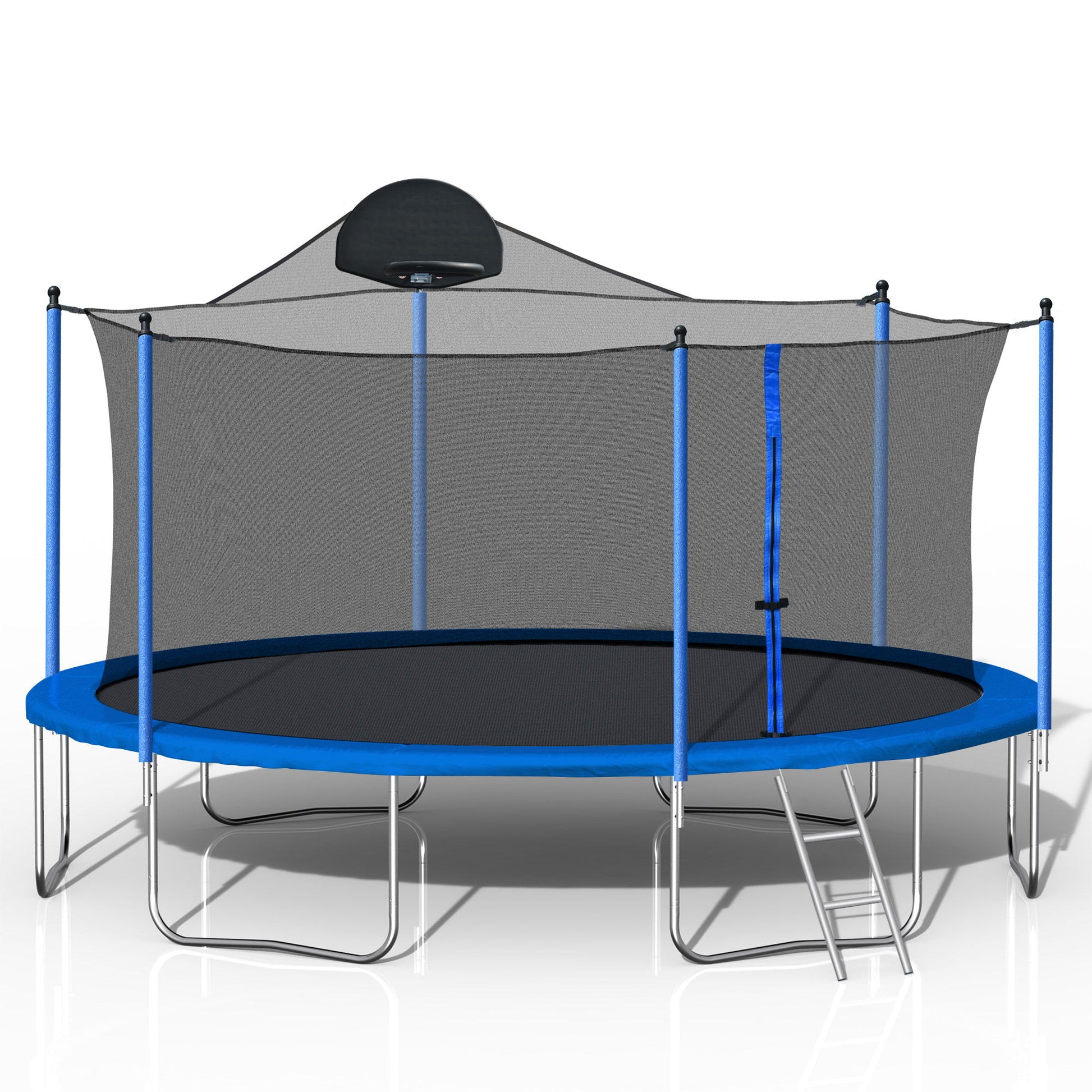 The 14Ft Trampoline for Adults & Kids features a blue double-side color cover, black jumping mat, safety enclosure net, basketball hoop, and ladder—perfect for outdoor fun.
