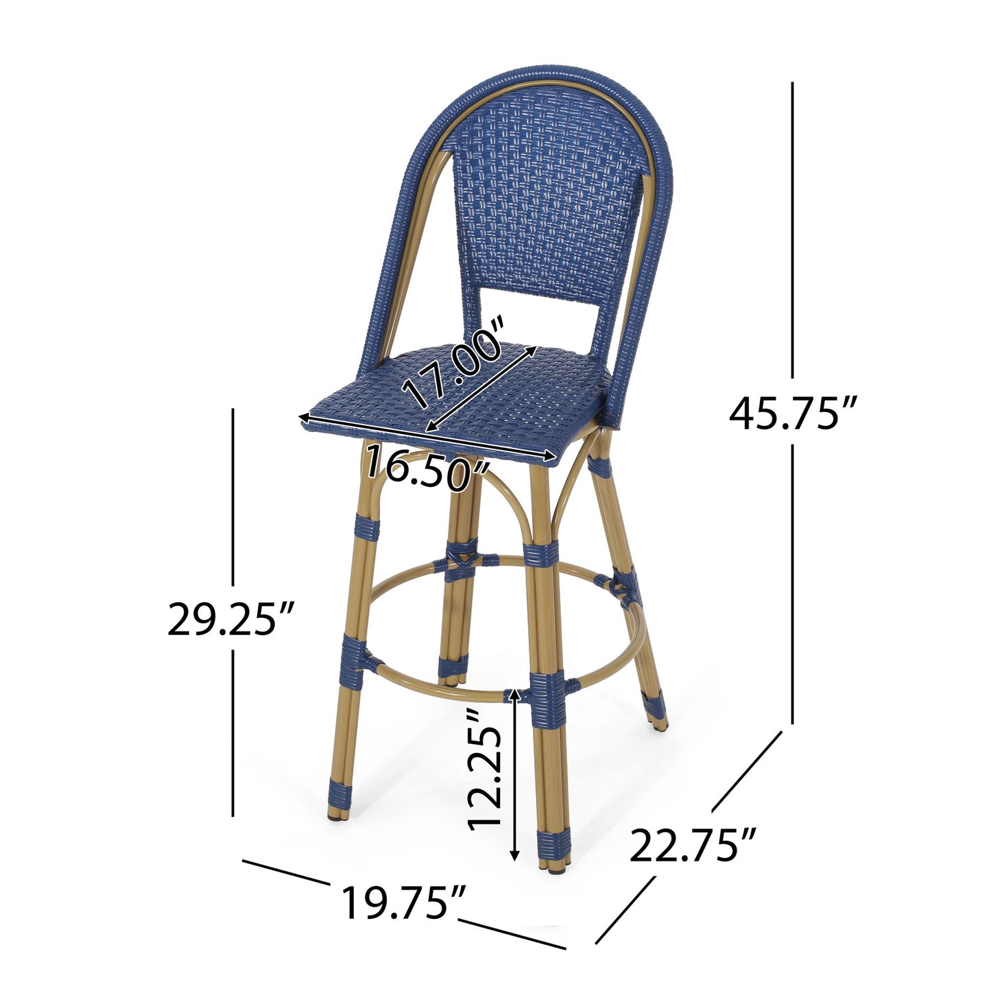 The Outdoor Rattan and Aluminum French Barstools (Set of 2) feature blue and tan woven seats and backrests. Dimensions: back height 45.75", seat depth 16.5", seat width 17", footrest height 12.25", seat height 29.25", overall depth 22.75", width 19.75".