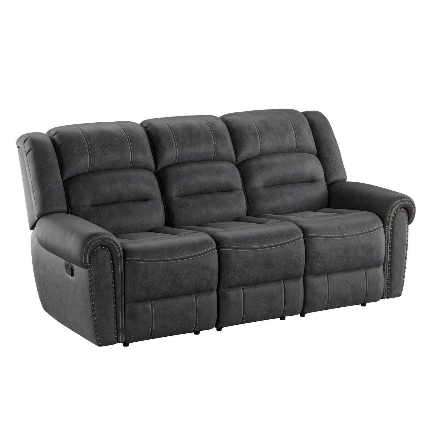The Ferrar Reclining Sofa in gray is a three-seater with plush, padded cushions and nailhead trim on the armrests, featuring visible stitching and a modern, comfortable design.