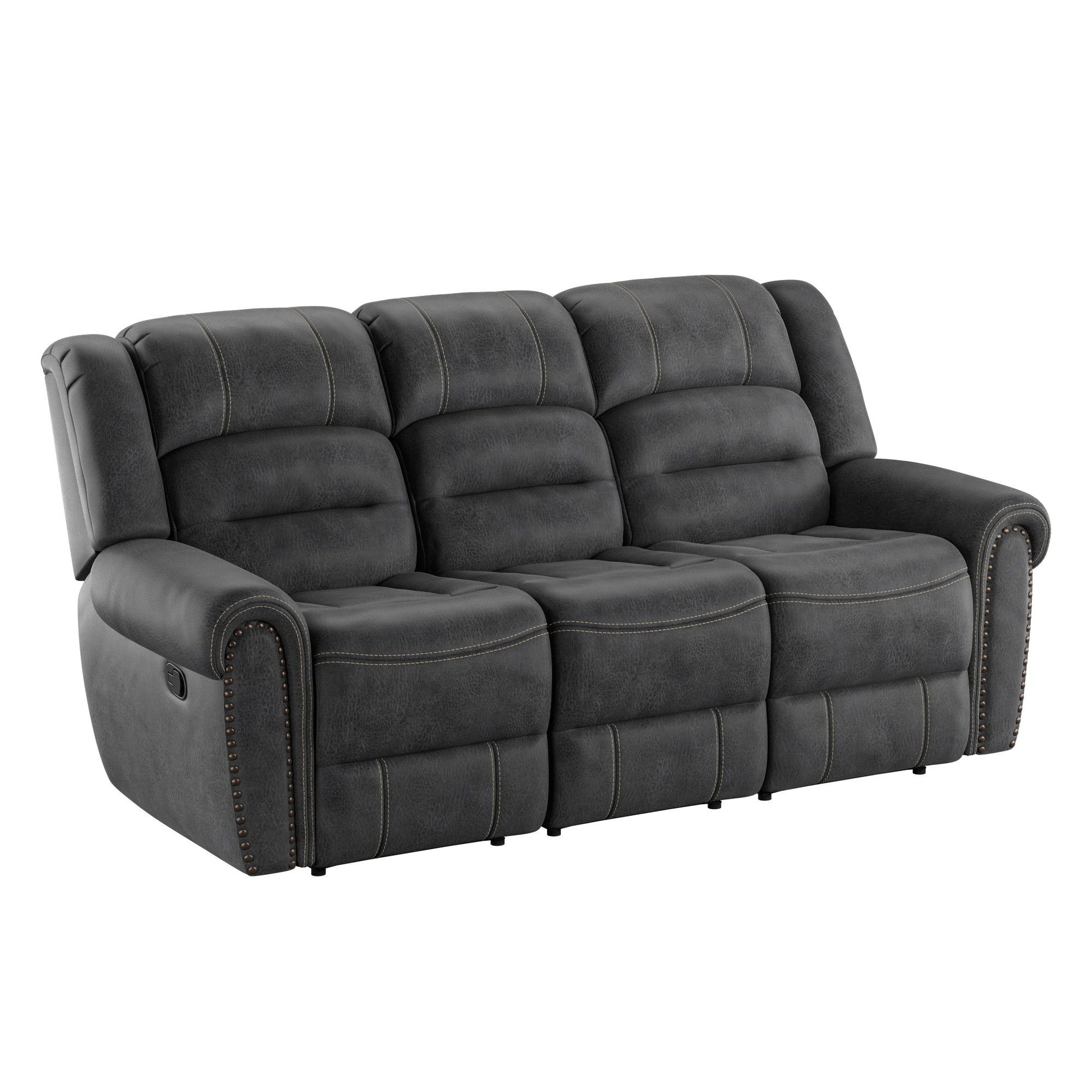 The Ferrar Reclining Sofa in gray is a three-seater with plush, padded cushions and nailhead trim on the armrests, featuring visible stitching and a modern, comfortable design.