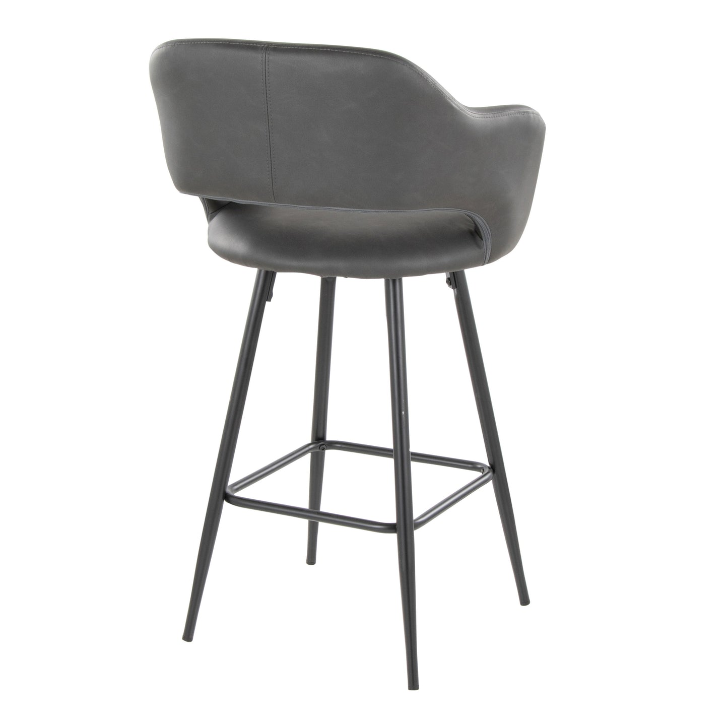 The Margarite is a modern bar stool with a dark gray cushioned seat and backrest, supported by four black metal legs and featuring a square footrest. It's sleek and contemporary, sold in a set of 2.