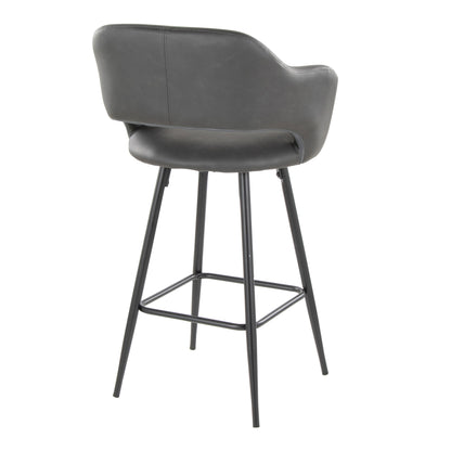 The Margarite is a modern bar stool with a dark gray cushioned seat and backrest, supported by four black metal legs and featuring a square footrest. It's sleek and contemporary, sold in a set of 2.