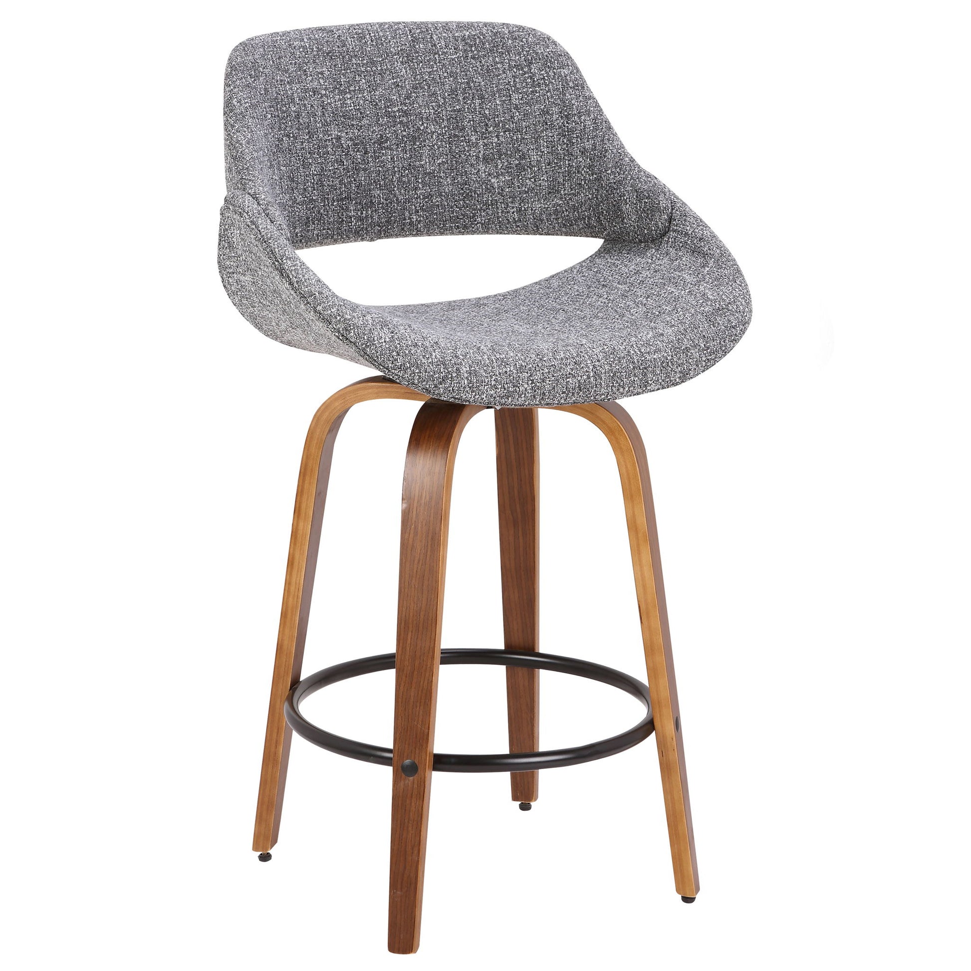 The Fabrico - Mid Century Inviting Design Modern Counter Stool features a curved gray upholstered seat, wooden legs, and a round black metal footrest.
