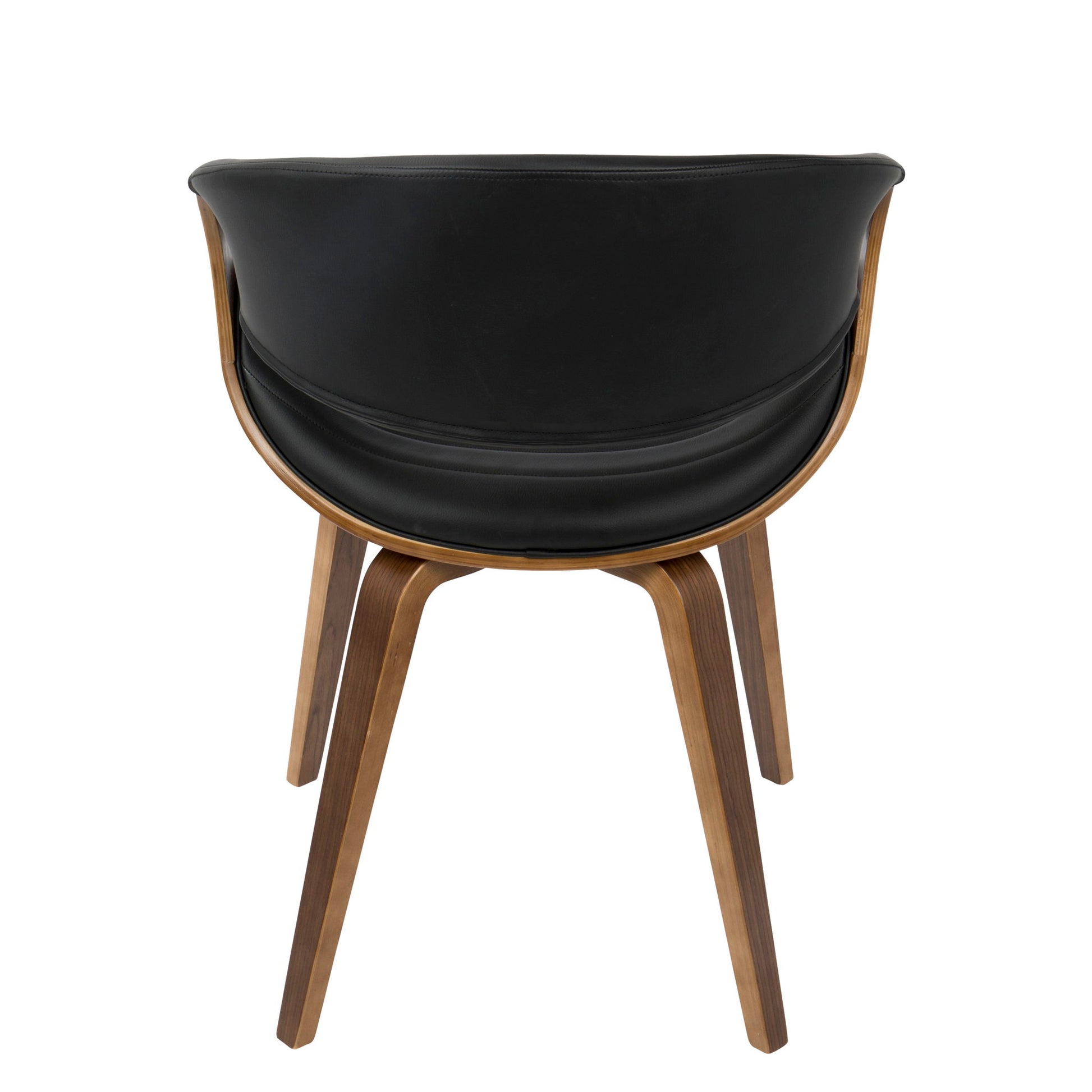 The Symphony Mid Century Modern Dining Chair features a curved black leather backrest and seat with four angled wooden legs, shown from behind on a white background.