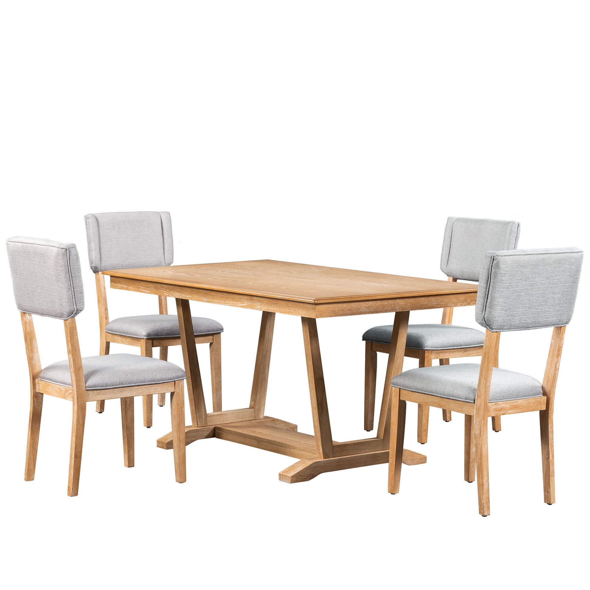 The Topmax 5 Piece Rustic Dining Table Set includes a rectangular table with a trestle base and four upholstered chairs with light gray seats and backs, all featuring sturdy wooden frames.