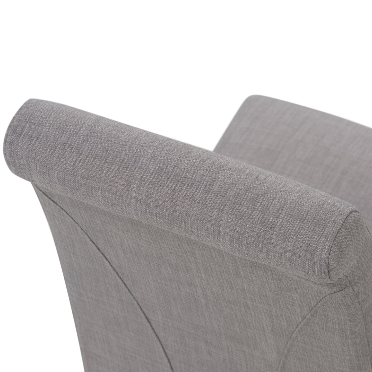 Close-up of the Avalon - Deluxe Parson Dining Chair (Set of 2) shows its gently curved headrest and upper back, upholstered in light gray fabric with smooth stitching for a modern look.