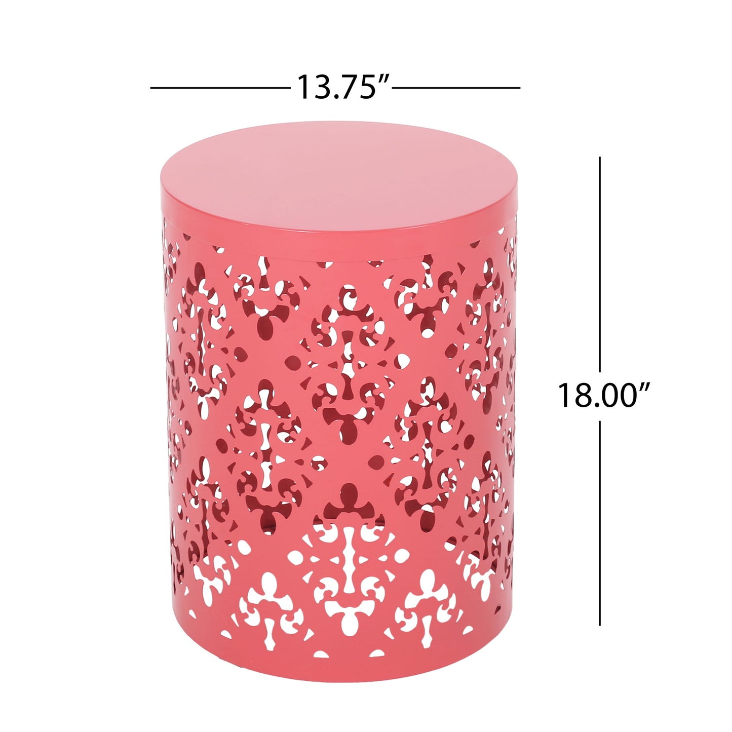 The Outdoor Metal Modern Design End Table is a round, pink metal side table with intricate cut-out patterns, measuring 13.75" in diameter and 18" high.