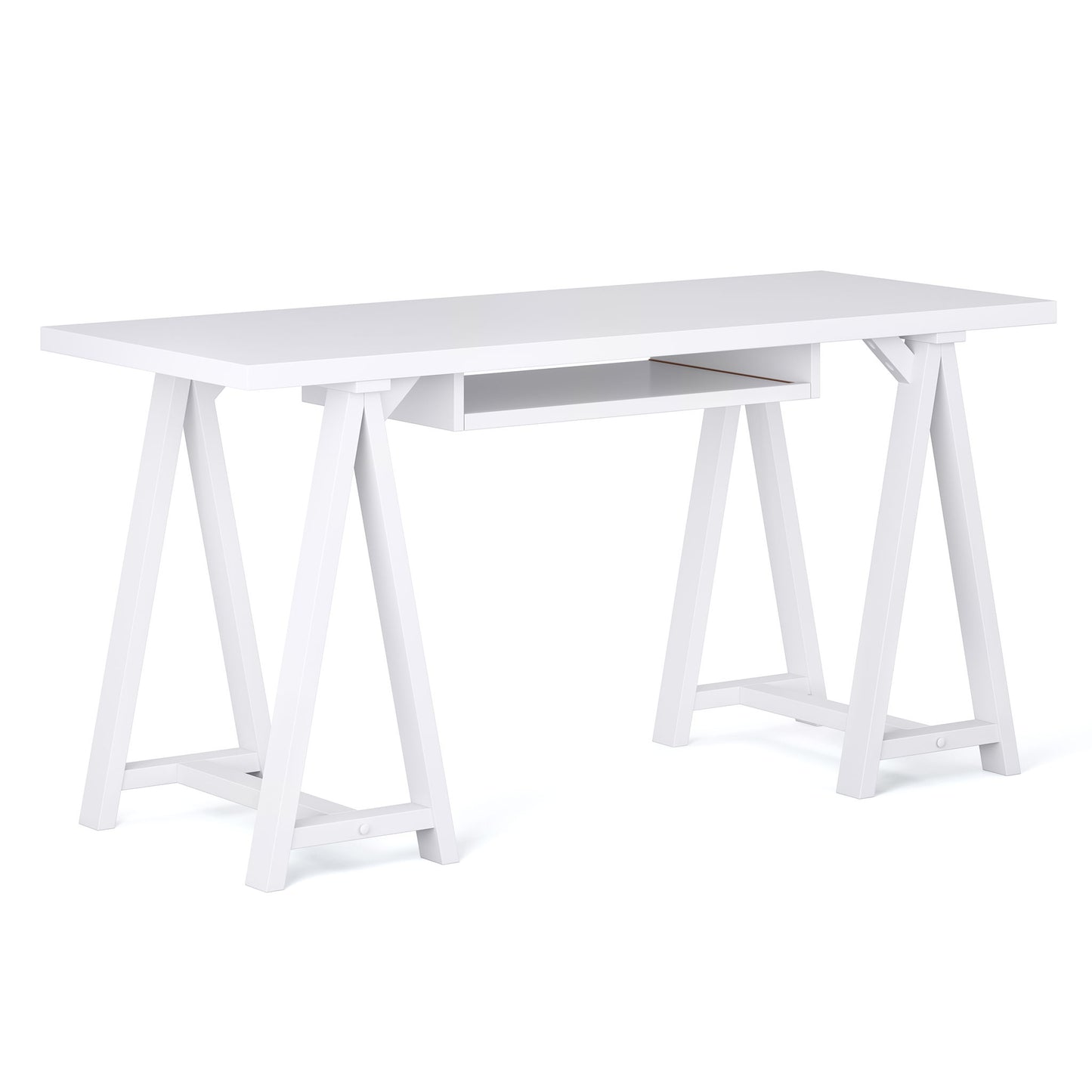 The Sawhorse - Handcrafted Desk features a modern white rectangular top, open shelf underneath, and two trestle-style legs on each side joined by horizontal supports.