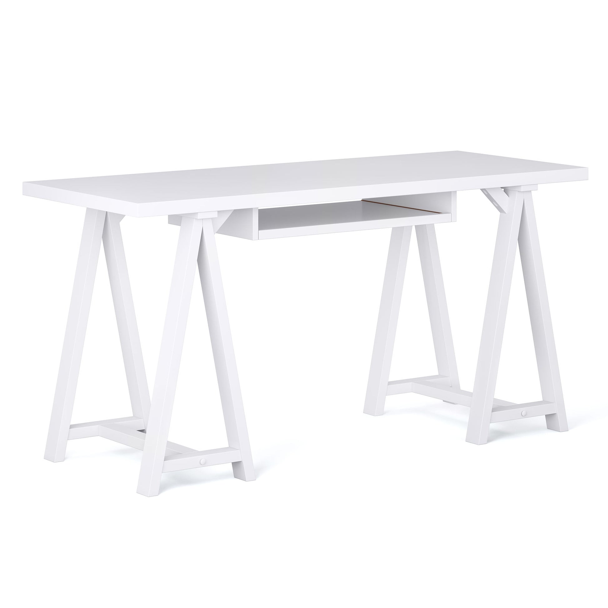 The Sawhorse - Handcrafted Desk features a modern white rectangular top, open shelf underneath, and two trestle-style legs on each side joined by horizontal supports.