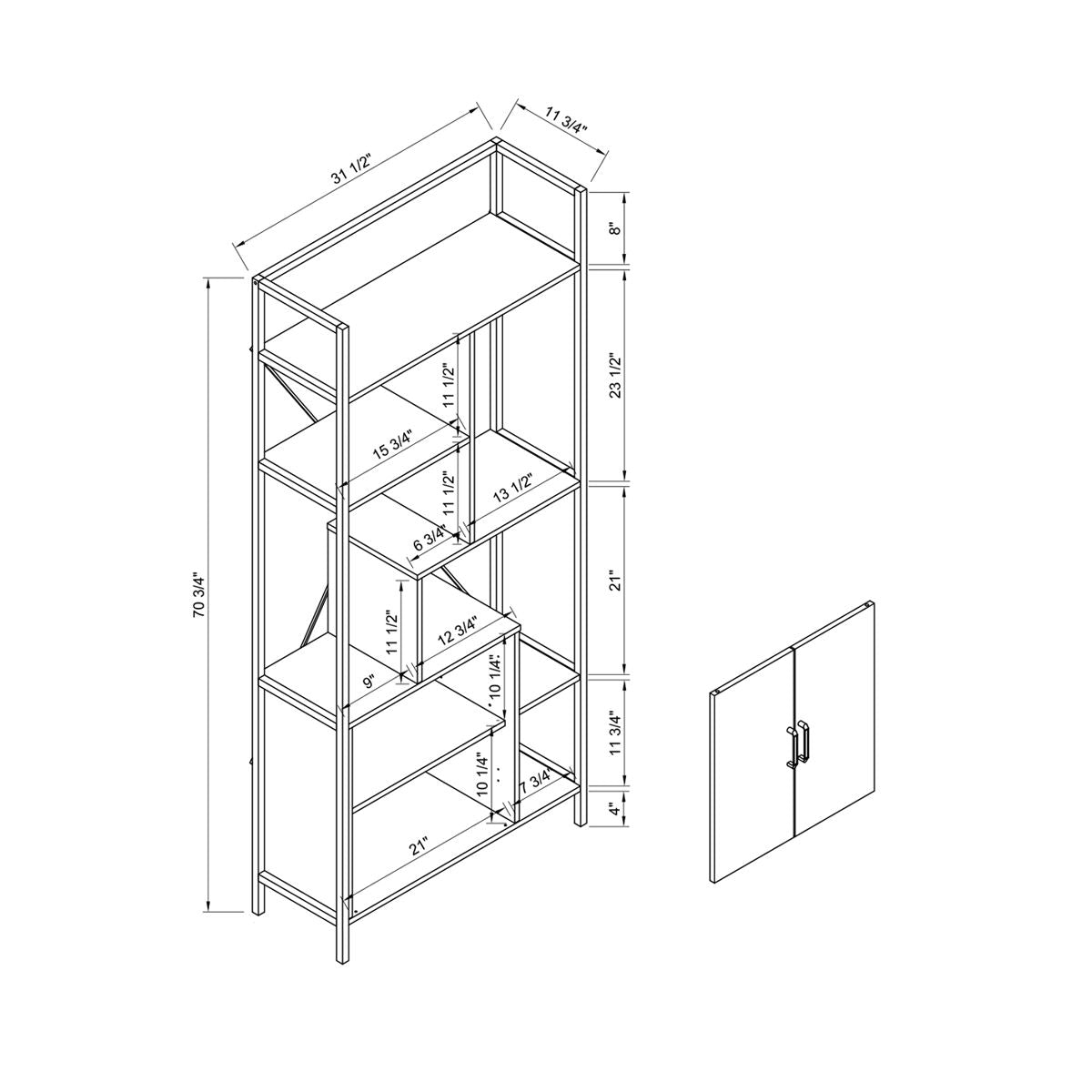 Line drawing of the Modern Bookcase With Two Door Storage Cabinet With Two Shelves, featuring labeled shelf dimensions and a right-side cabinet with handles. The unit includes multiple shelves of different heights and widths.