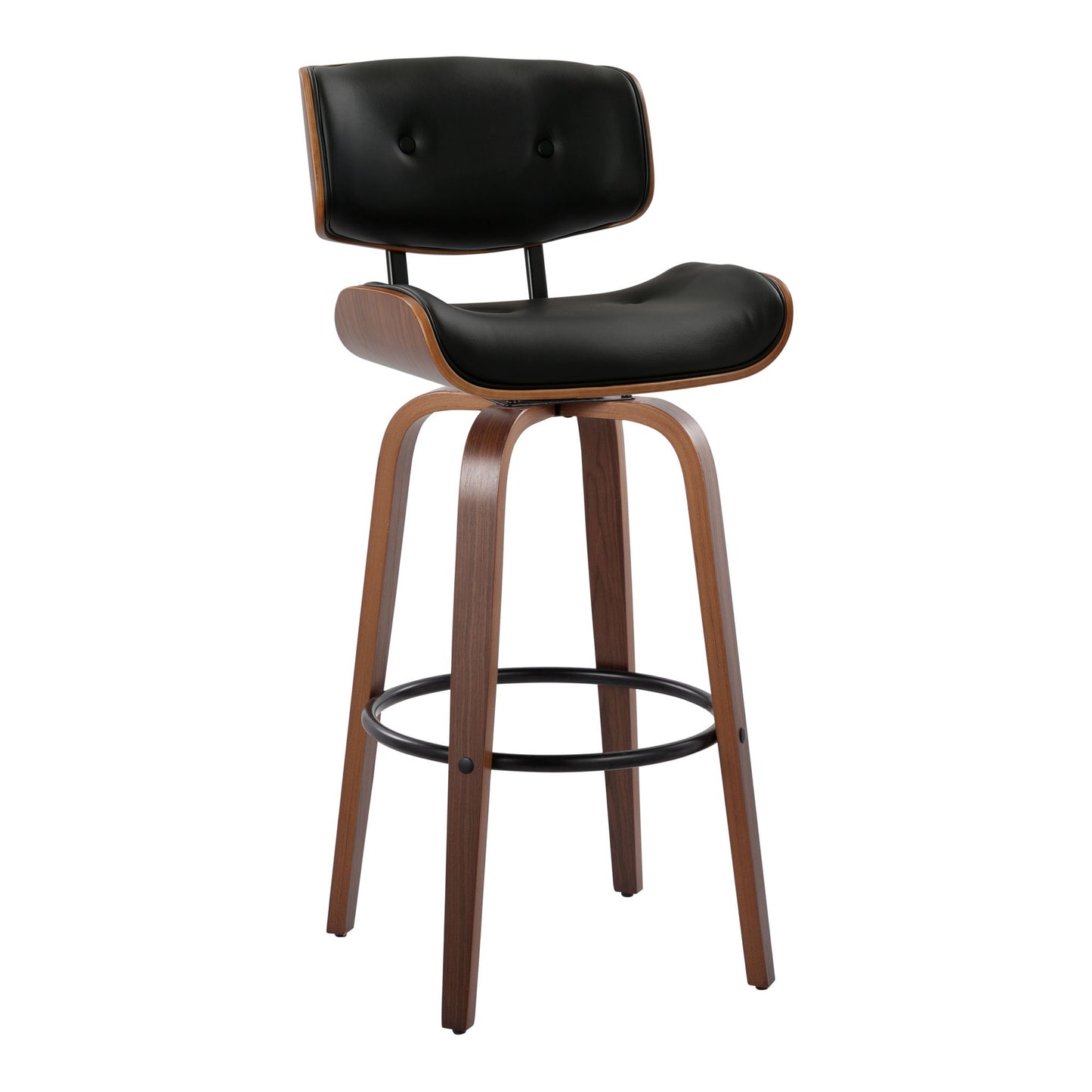 The Lombardi Mid-Century Modern Barstool (set of 2) features a curved wooden frame, black cushioned seat and backrest, four angled legs, swivel function, and a round metal footrest.