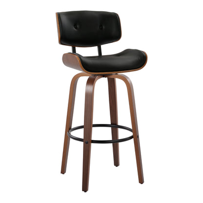 The Lombardi Mid-Century Modern Barstool (set of 2) features a curved wooden frame, black cushioned seat and backrest, four angled legs, swivel function, and a round metal footrest.