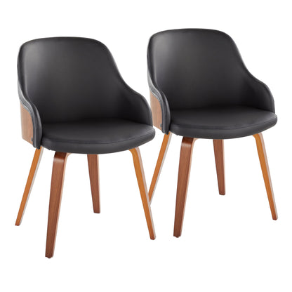 Two Bacci Mid Century Modern Dining Chairs with black cushioned seats and backs, side wooden accents, and angled wooden legs are placed side by side on a white background.