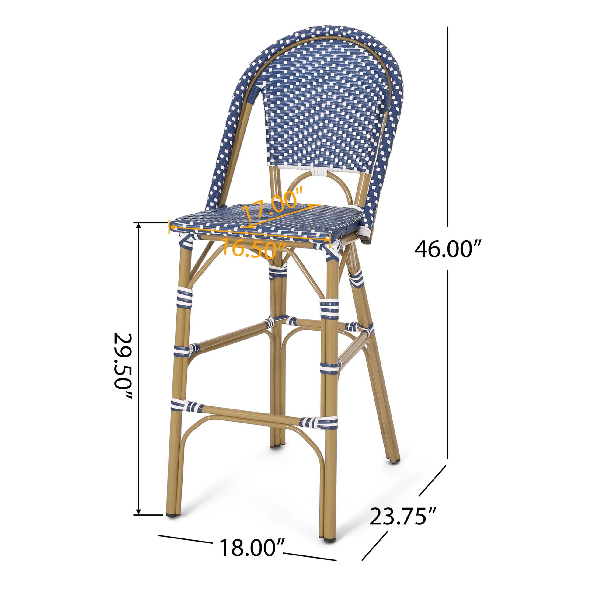 The Outdoor Pe Rattan French Barstool Set features a tall bistro-style design with a woven blue and white seat and back, tan frame with white accents, and measures 46"H, 29.5" seat height, 18"W, 23.75"D, 17" backrest width, and 16.5" seat depth.