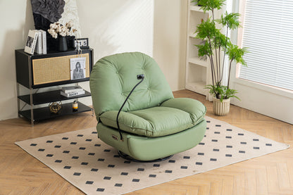 A Power Recliner Swivel Glider with USB Charger and Bluetooth Music Player sits on a beige rug in a modern living room, near a black shelving unit, potted plant, and sunlit window blinds.