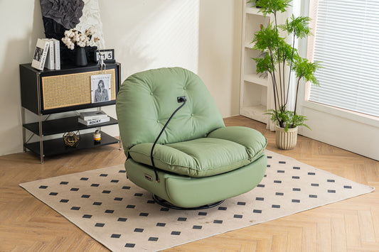 A Power Recliner Swivel Glider with USB Charger and Bluetooth Music Player sits on a beige rug in a modern living room, near a black shelving unit, potted plant, and sunlit window blinds.
