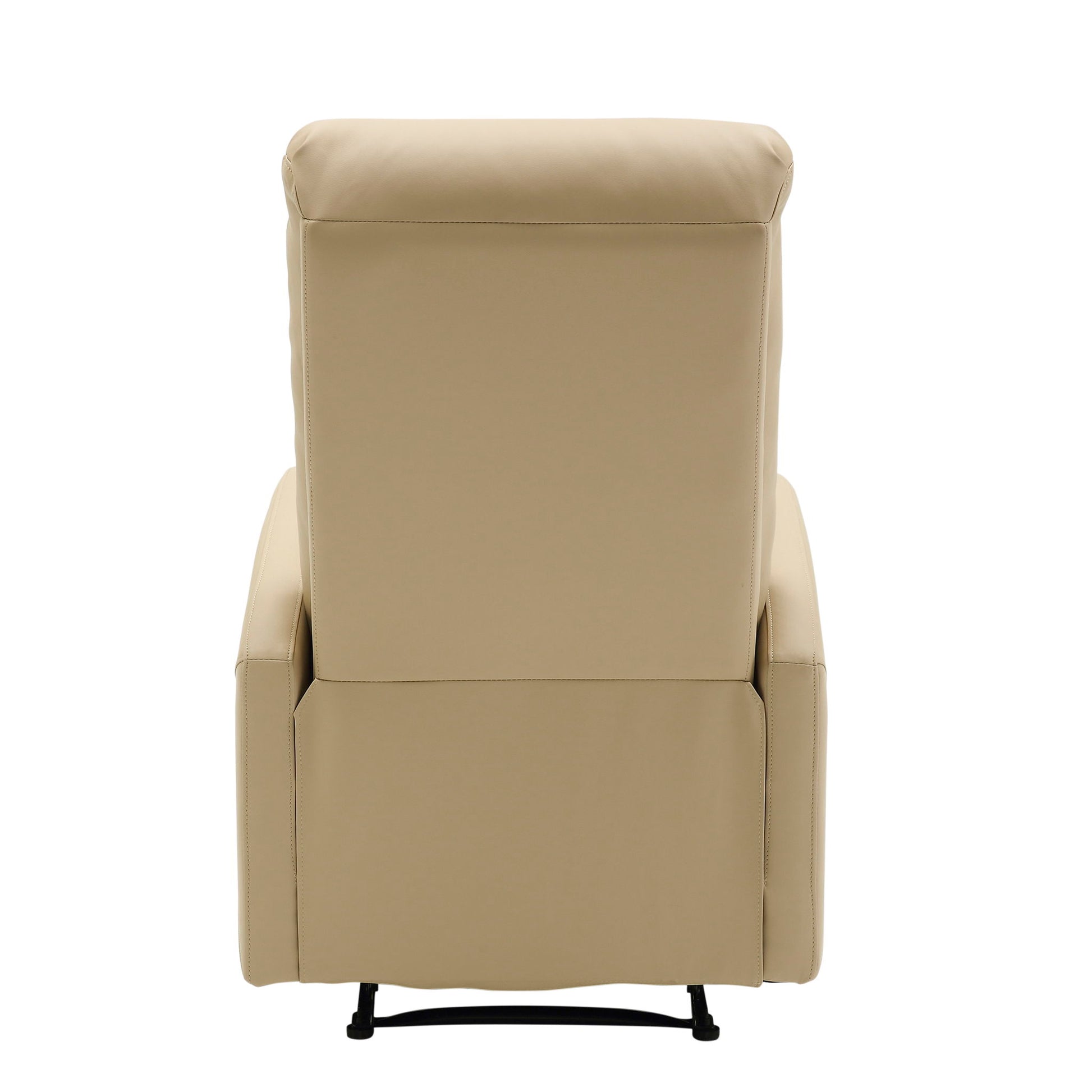 The Dormi - Contemporary Recliner Chair, shown from the back against a white background, features a beige upholstered finish, tall backrest, armrests, and a sturdy base.