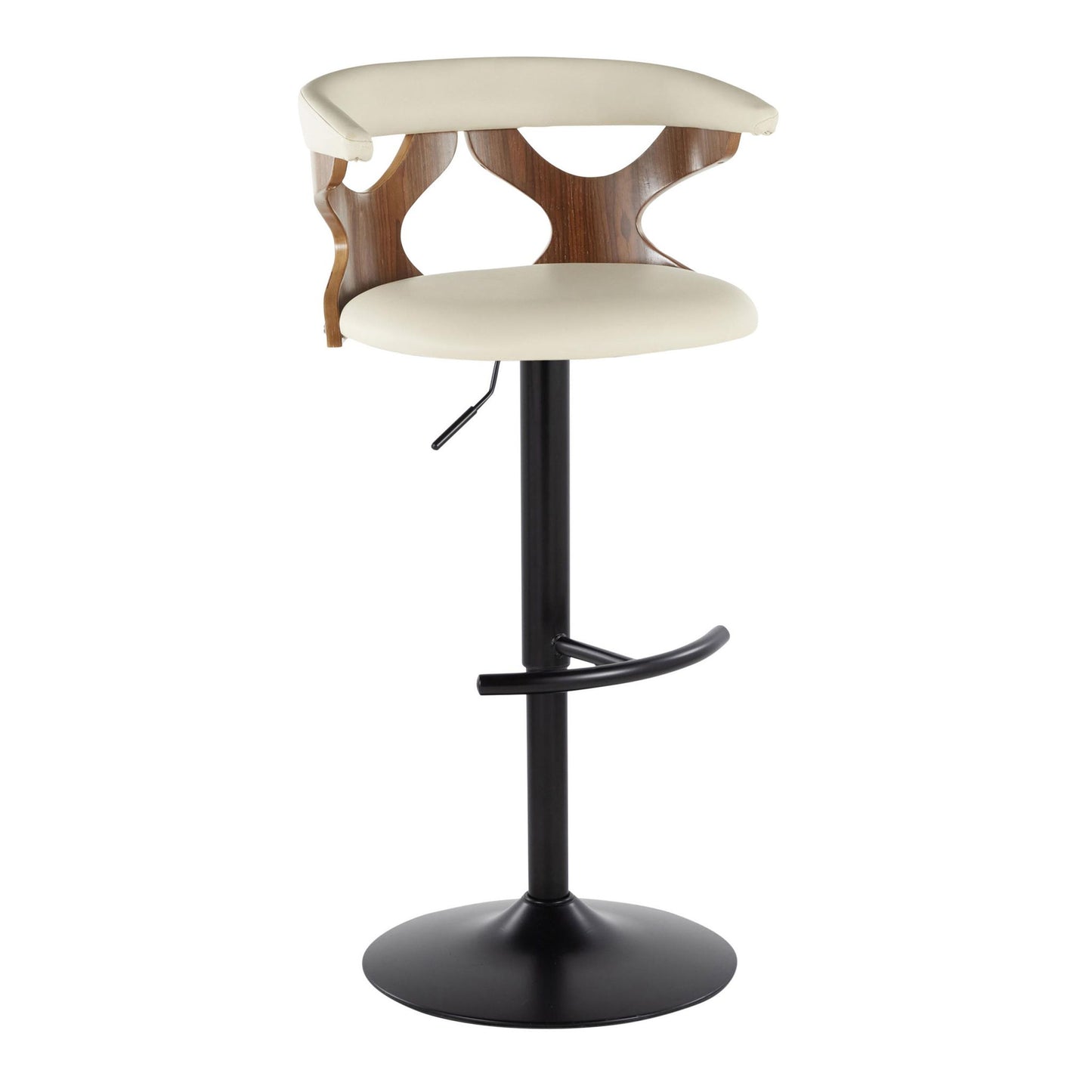 The Gardenia Contemporary Adjustable Barstool (Set of 2) features a round cream cushion, curved wooden backrest with cutout shapes, black metal pedestal base, swivel function, and a rounded T footrest.