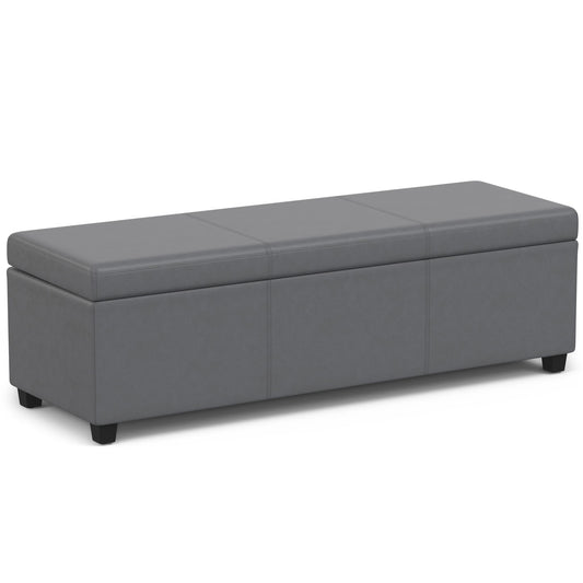 The Avalon Multifunctional Storage Ottoman Bench is a rectangular, gray upholstered bench with a flat top and short black legs, ideal for seating or storage.