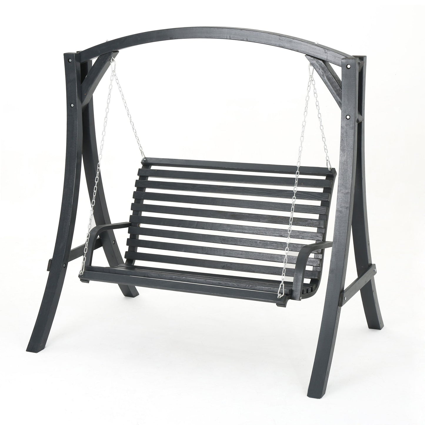 The San Juan Outdoor Swinging Loveseat With Support features a black, slatted wooden seat and backrest, suspended by metal chains from an arched frame, all set against a white background.